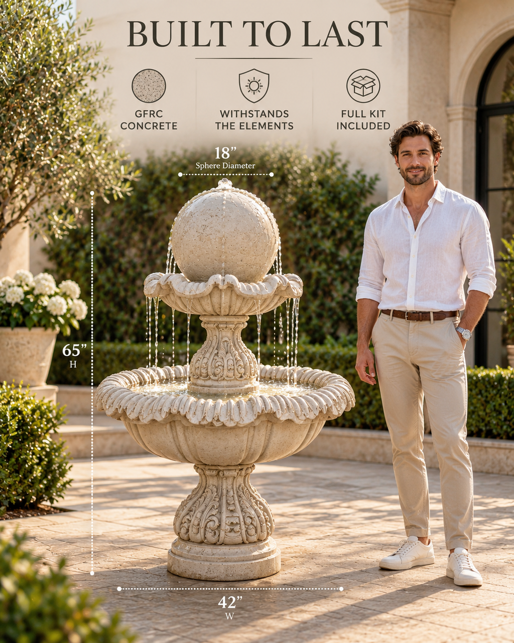 Luxury Two-Tier Sphere Fountain – Concrete Water Feature