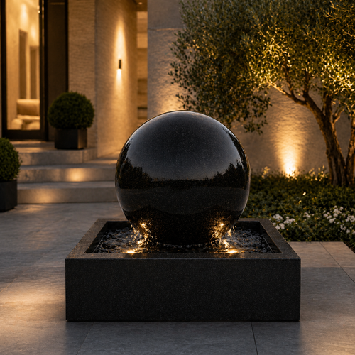 30 Inch Black Sphere Fountain with 36” Basin – Outdoor Modern Water Feature, LED Light, Pump Included, Contemporary Garden & Entryway Fountain Kit