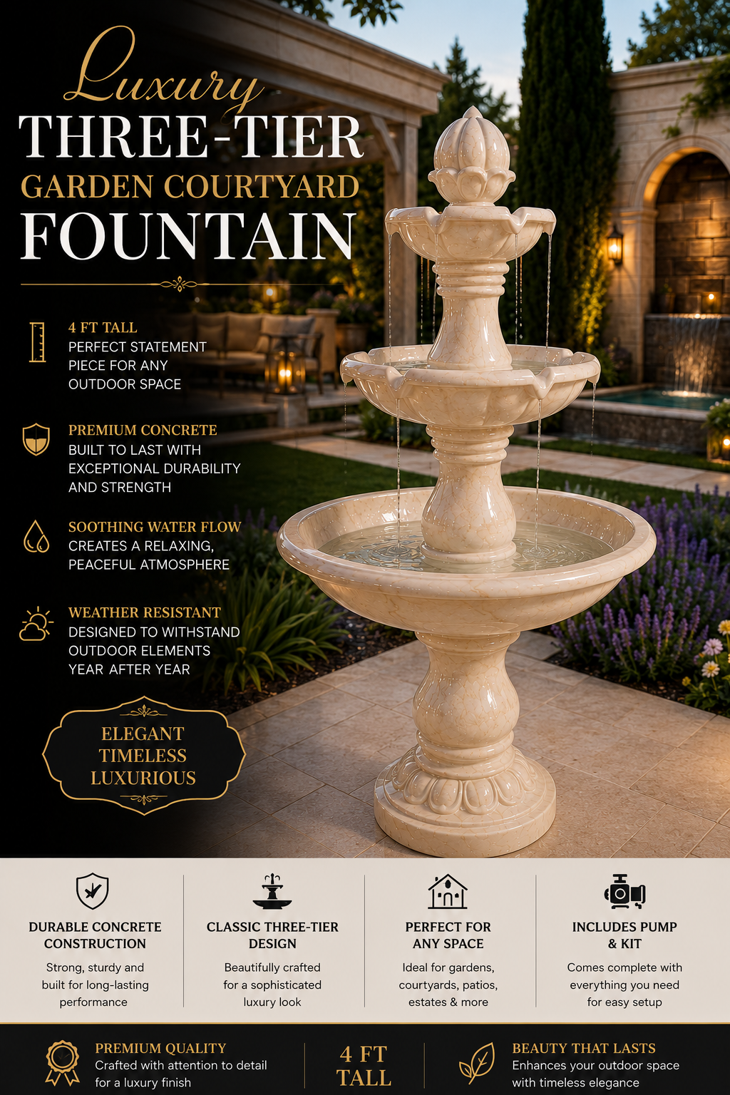 Luxury Three-Tier Garden Courtyard Fountain (4 ft)