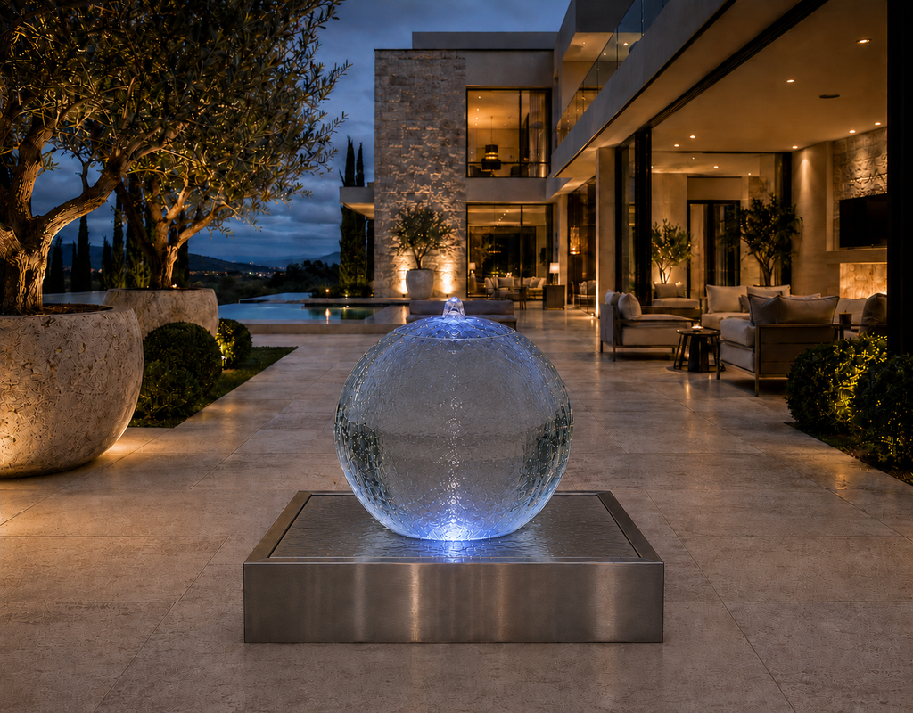 20" illuminated Acrylic Sphere Fountain with 24" Stainless Steel Basin