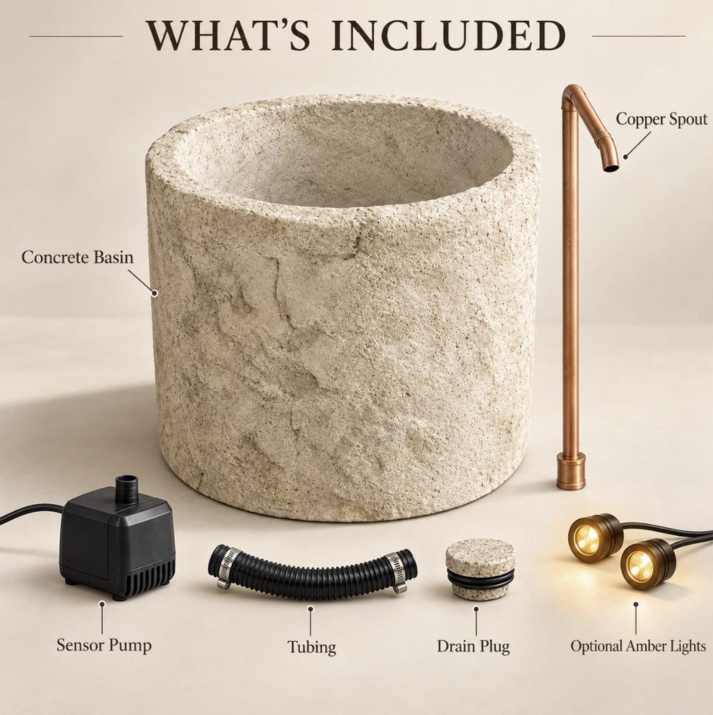 Limestone-Like Concrete Fountain with Copper Spout, 23-Inch Outdoor Water Feature