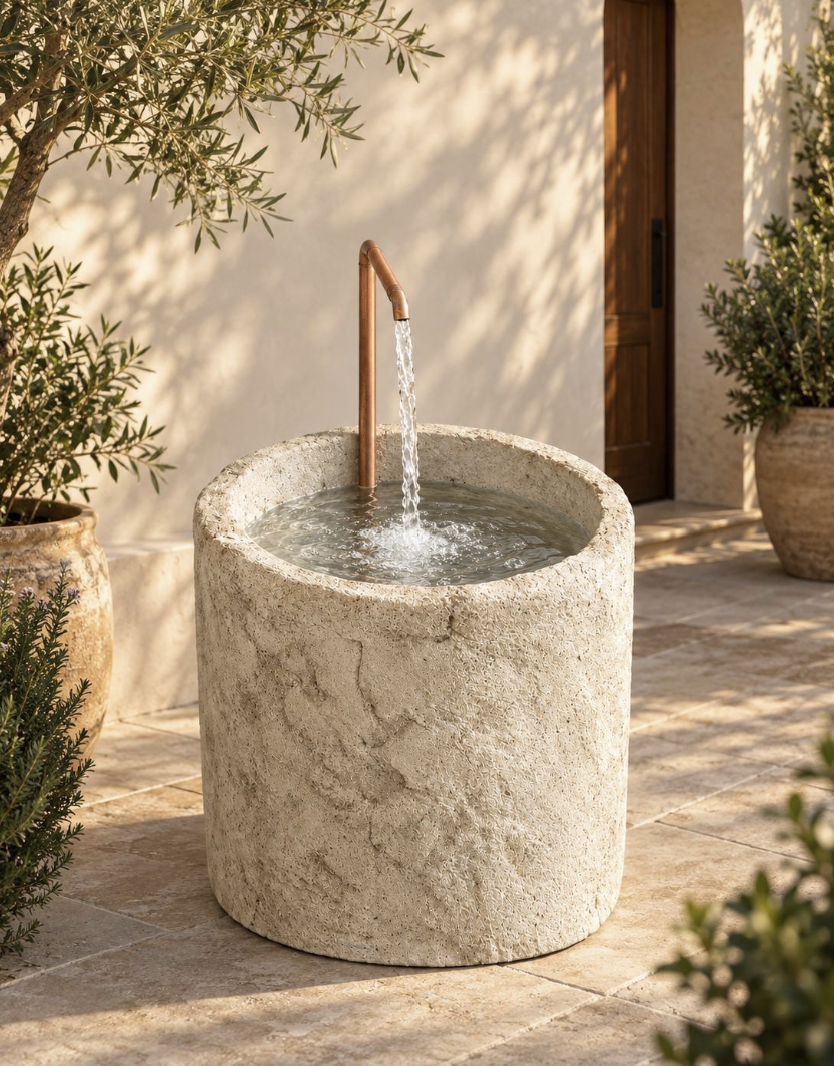 Limestone-Like Concrete Fountain with Copper Spout, 23-Inch Outdoor Water Feature