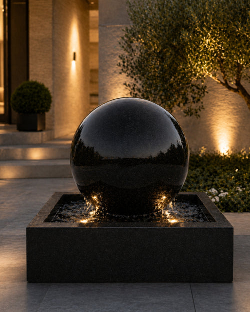 30 Inch Black Sphere Fountain with 36” Basin – Outdoor Modern Water Feature, LED Light, Pump Included, Contemporary Garden & Entryway Fountain Kit