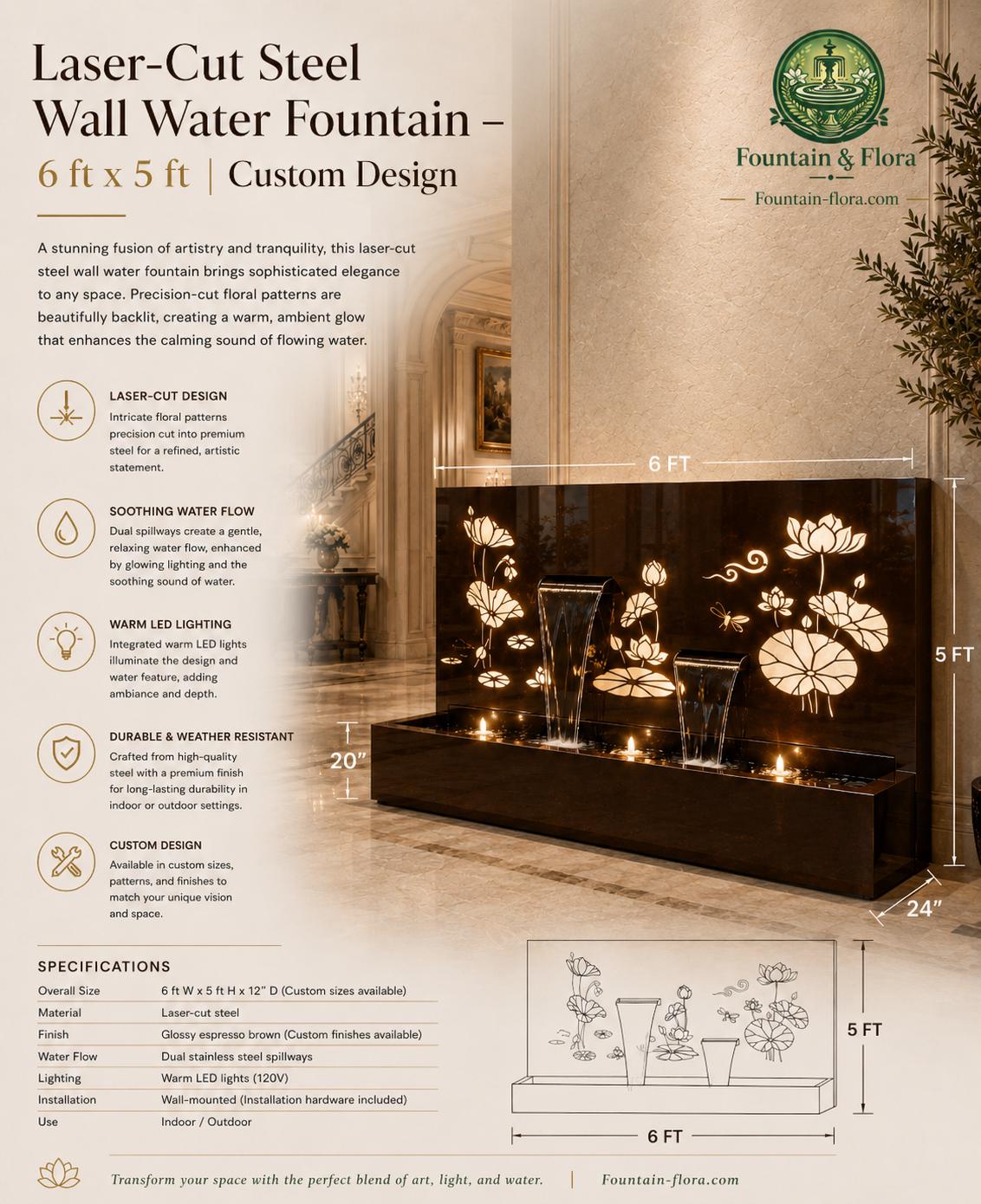 Laser-Cut Steel Wall Water Fountain – 4 ft x 6 ft | Custom Design __etsy:8079719890