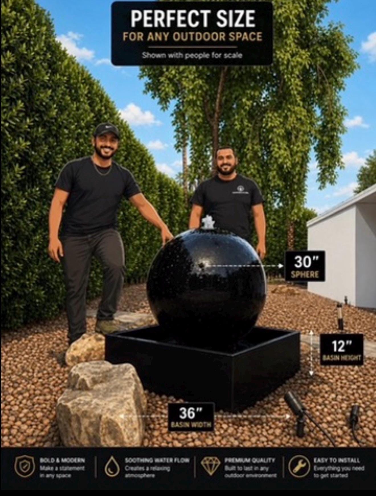 30” Concrete Sphere Fountain – Modern Outdoor Water Feature __etsy:8329806483