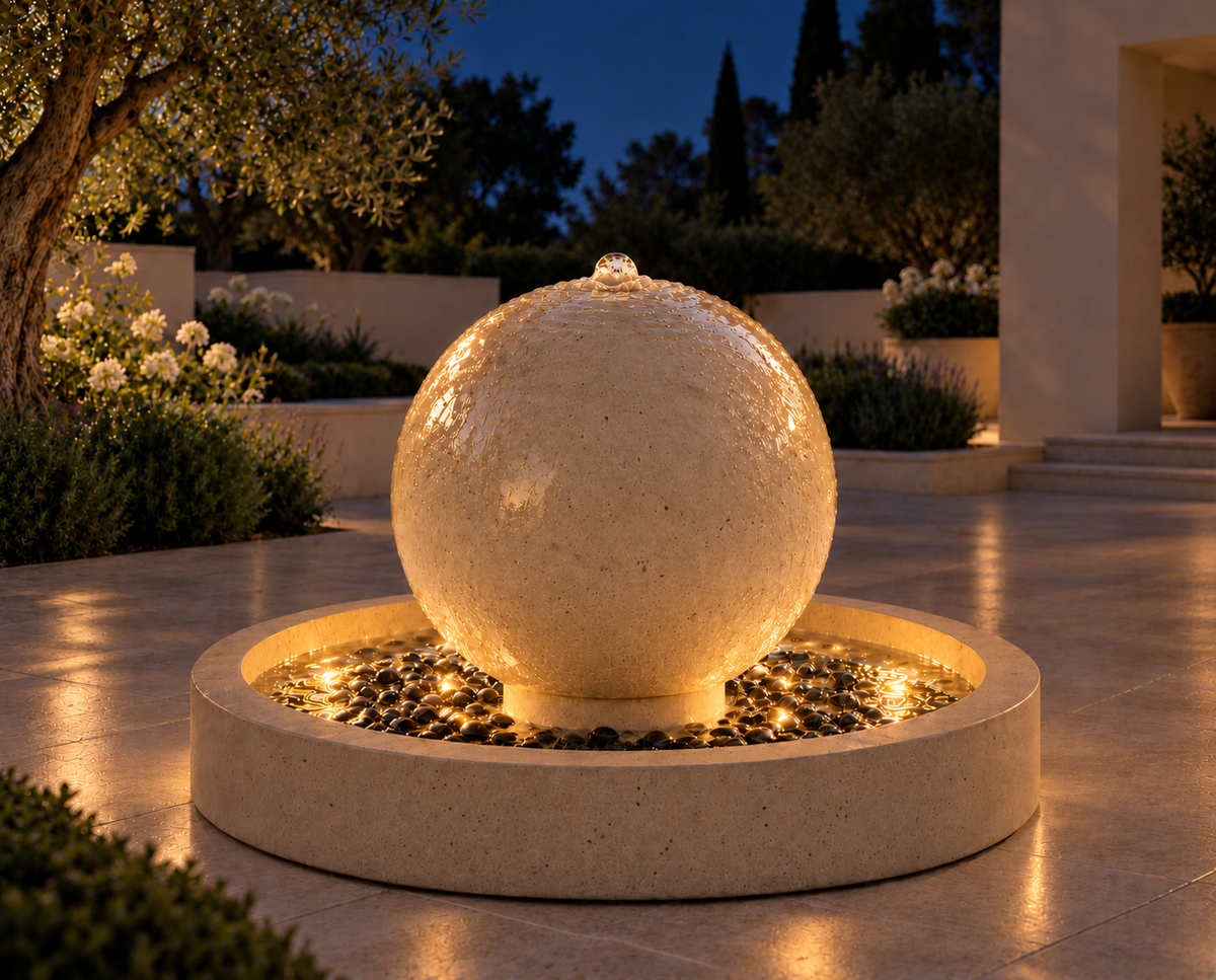 24" Concrete Sphere Fountain with 36" Round Basin