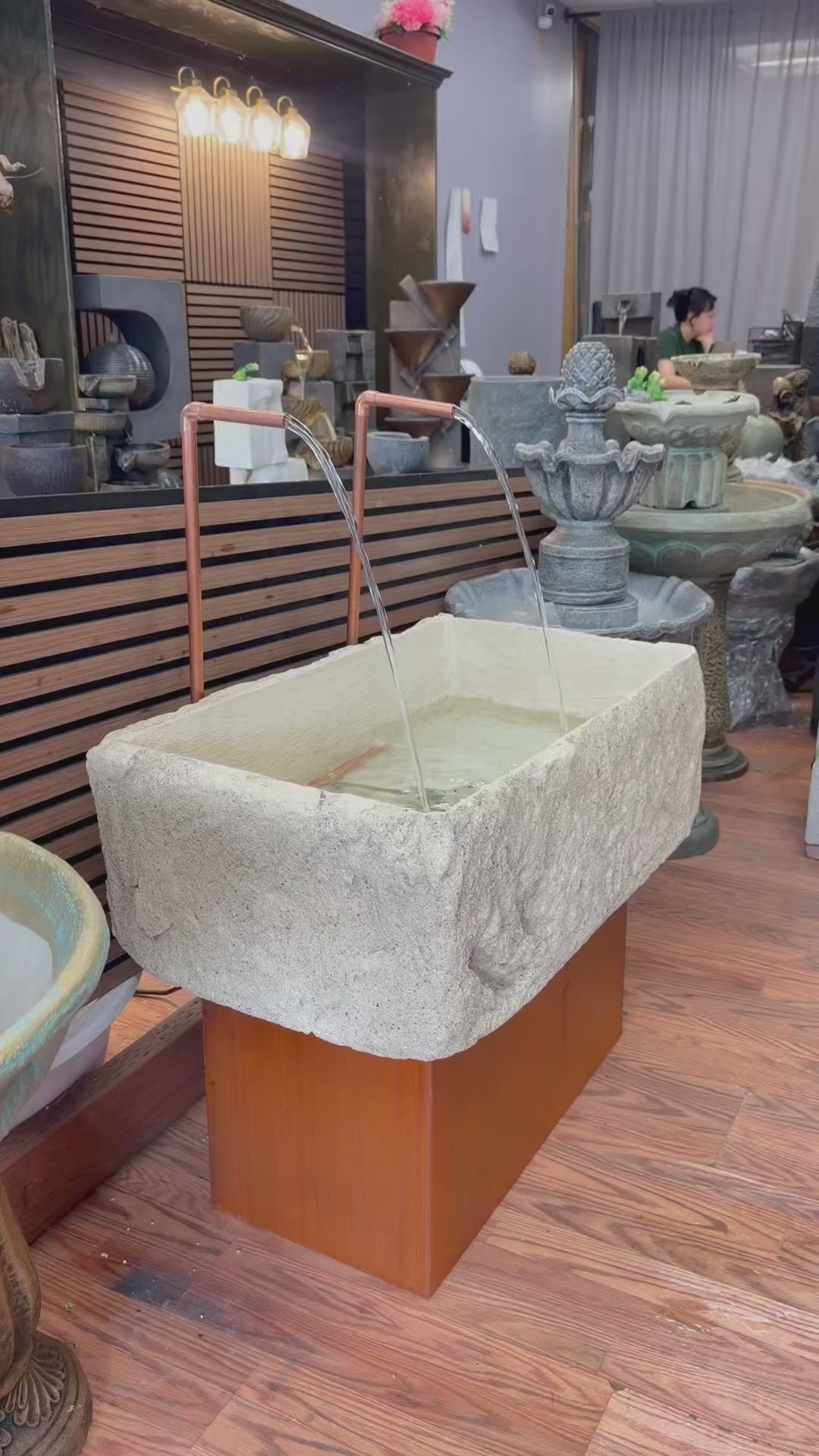 Petra Limestone-Finish Concrete Fountain with Twin Copper Spouts