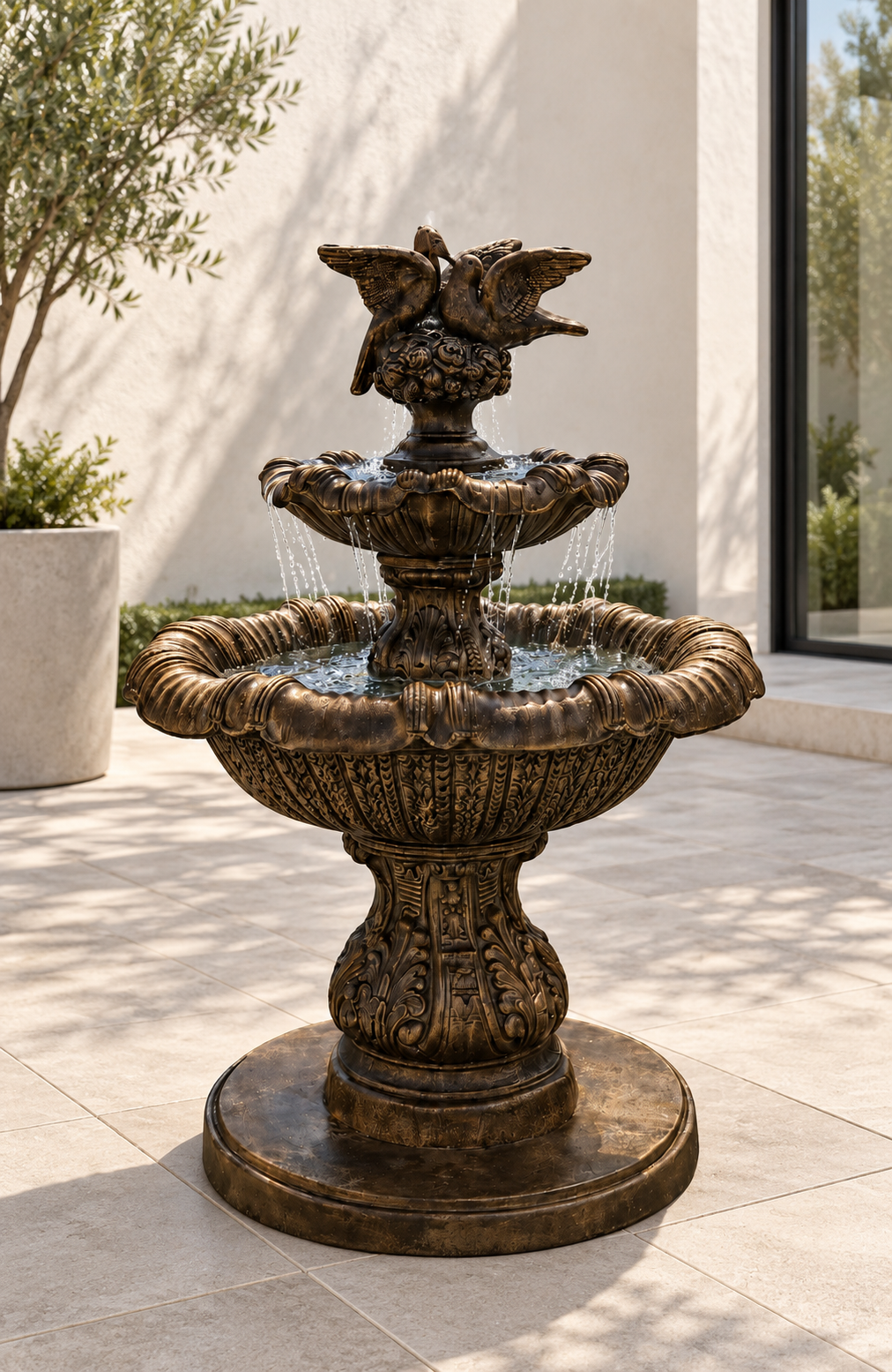 Elegant 2-Tiered Concrete Birds Fountain