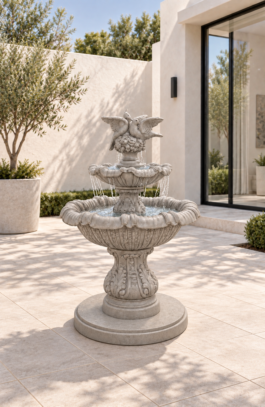 Elegant 2-Tiered Concrete Birds Fountain