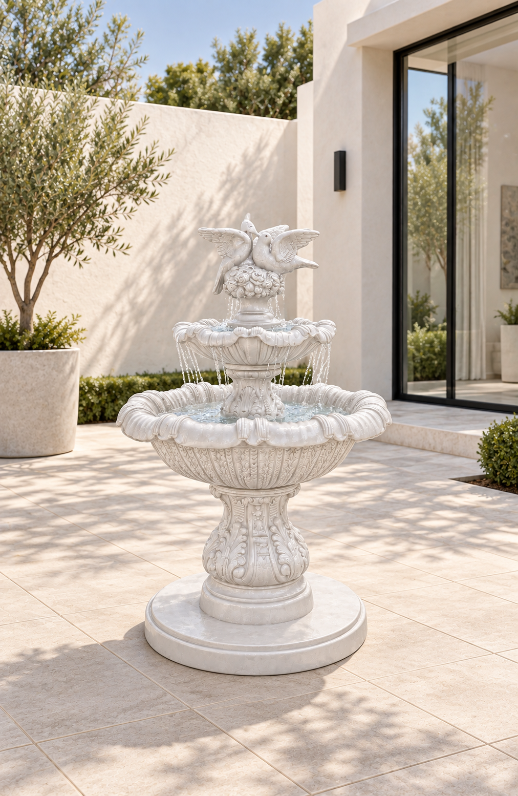 Elegant 2-Tiered Concrete Birds Fountain