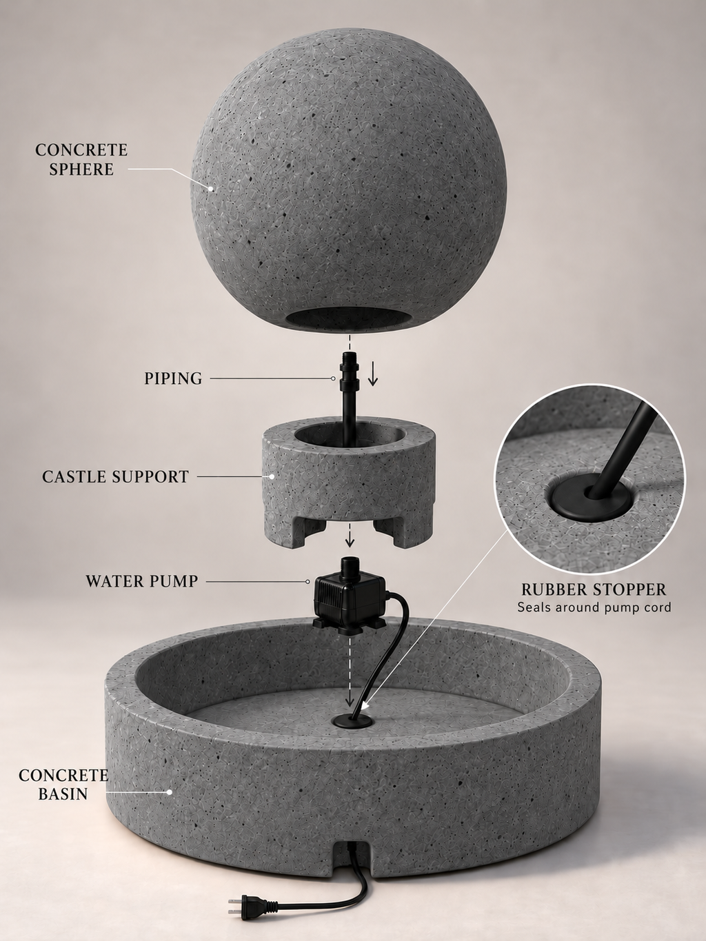 24-Inch Concrete Sphere Fountain with 55-Inch Basin