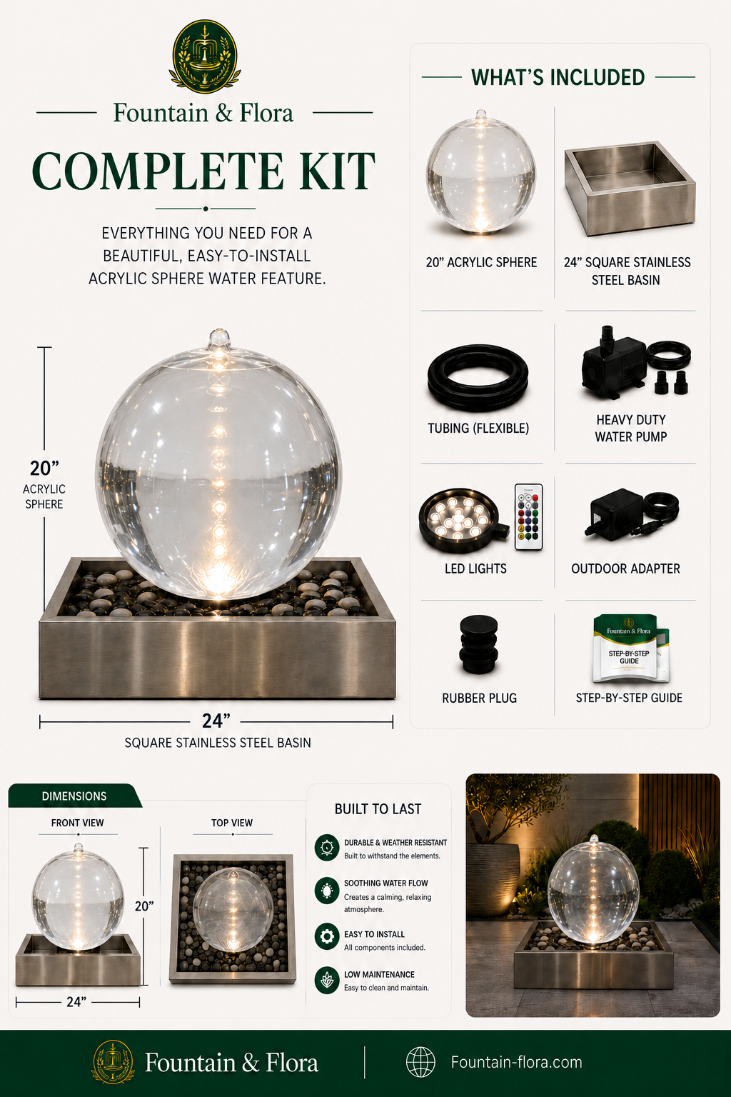 20" illuminated Acrylic Sphere Fountain with 24" Stainless Steel Basin