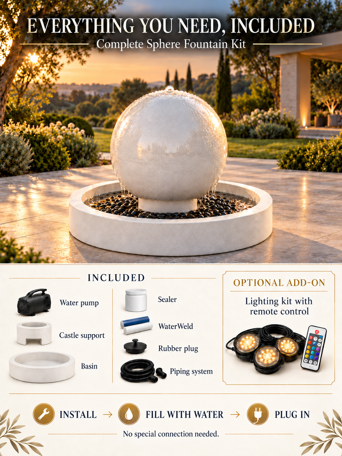 24" Concrete Sphere Fountain with 36" Round Basin