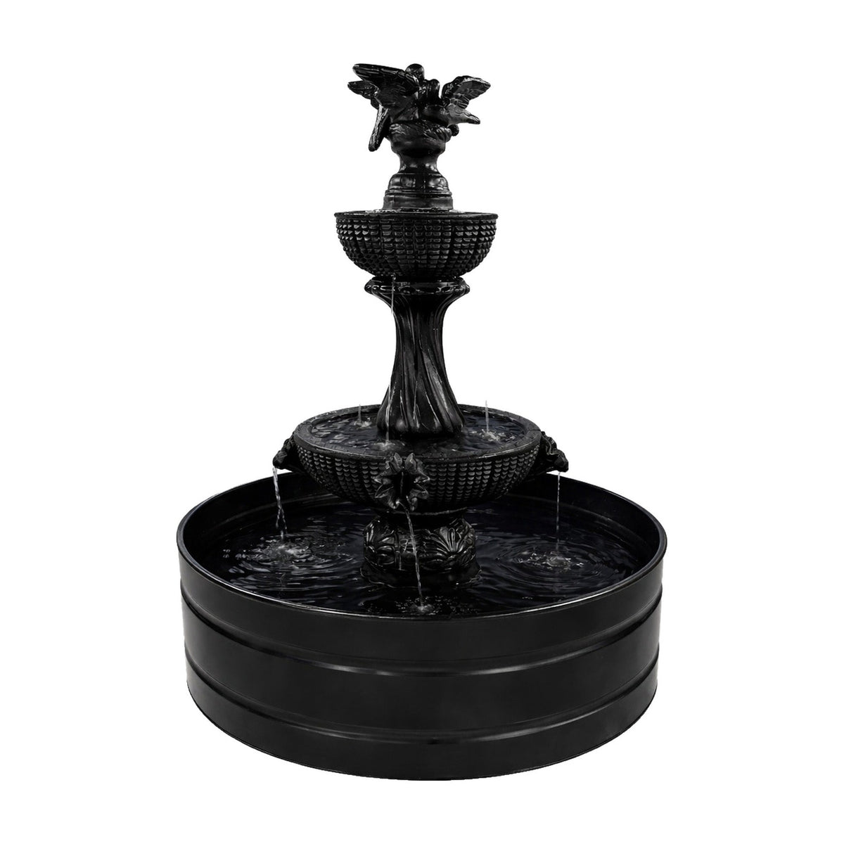 Black tiered fountain with bird finial and round pond basin on a white background