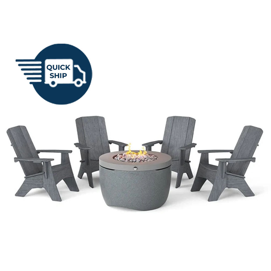 QUICKSHIP Ledge Lounger Halo Fire Pit w Set of 4 Mainstay Adirondack Chairs